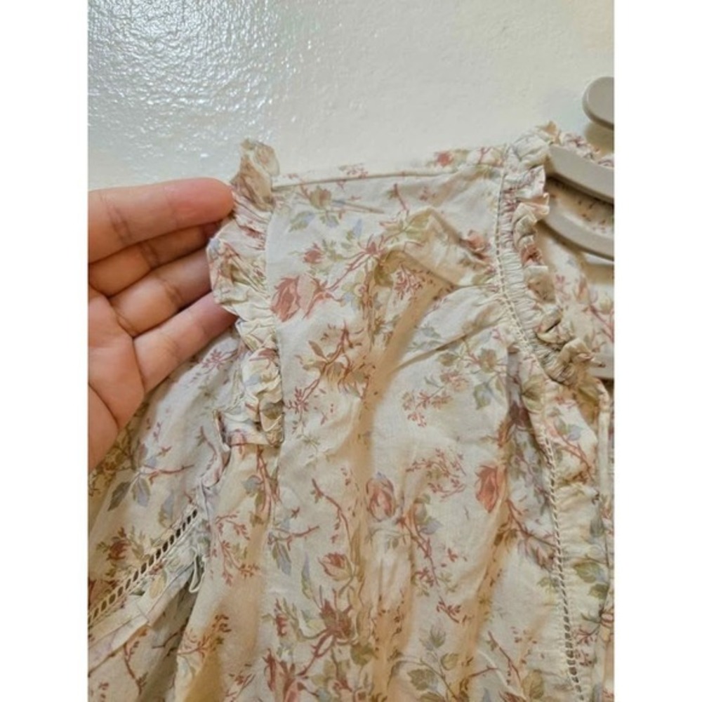 AE77 American Eagle Peasant Blouse Womens XS Cream Pink Organic Cotton Ruffle - Picture 11 of 12